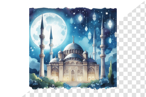 Download Eid Night Sky Mosque Serene Watercolor - Premium Resources